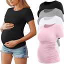 Huukeay 4 Pack Women's Maternity Shirts, Crew Neck Maternity Top Short Sleeve Casual Cotton Tee Side Ruched Pregnancy Clothes (Large, Black, Pink, White, Light Gray)
