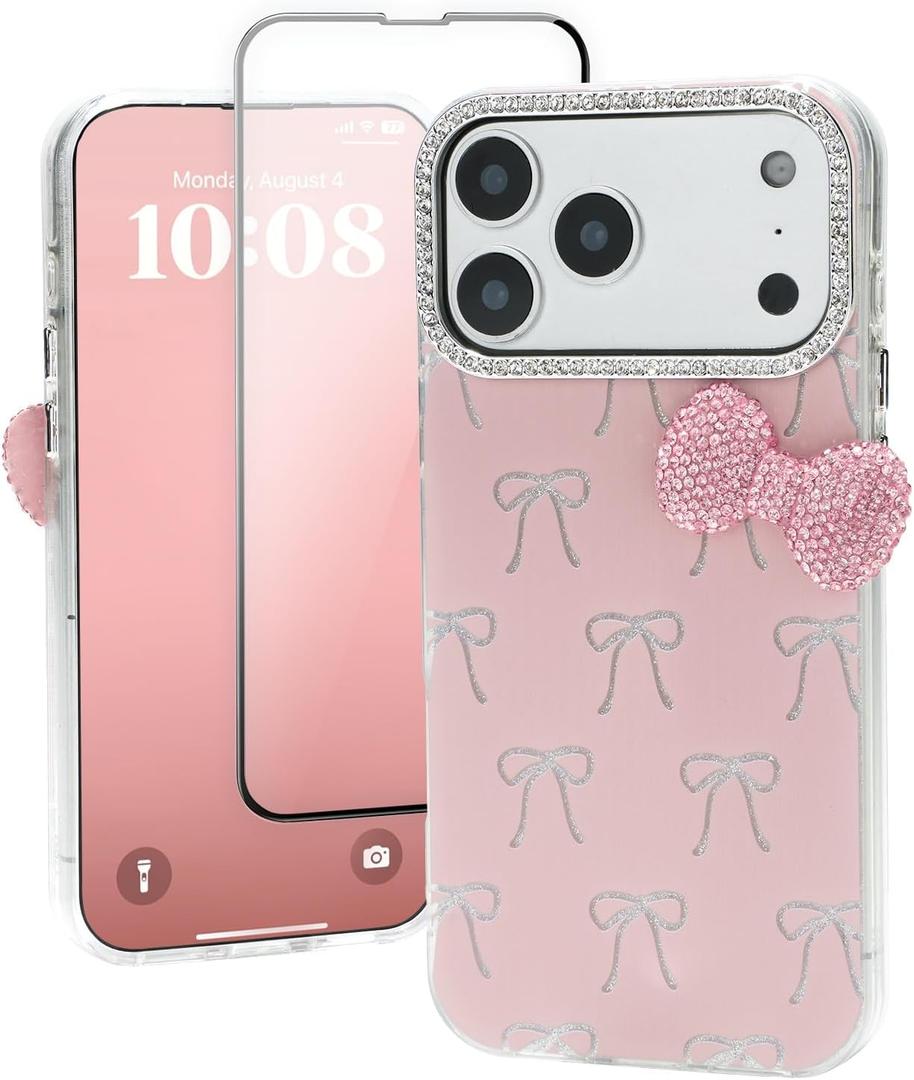 Cute Case for iPhone 17 Pro 6.3" with HD Screen Protector,Pink Glitter Rhinestone Bow Phone Cases,Bowknot Pattern Silicone Protective Camera Shockproof Phone Cover for Women&Girls