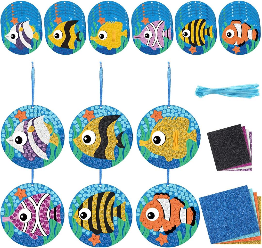 24 Pcs Ocean Crafts Glitter Mosaic Fish Craft Kit Under The Sea Ocean Animals Crafts Beach Hanging Ornaments for Summer Theme Party Favors Home Classroom Activities