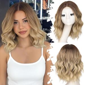 Brown to Blonde Short Wavy Wig for Women Lace Hairline Bob Style Synthetic Heat Resistant - Natural Appearance for Everyday Hairstyle 14 Inch