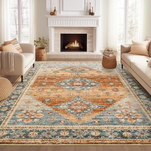 Roxstand Washable Rugs 8x10, Ultra-Thin Non-Slip 8x10 Area Rugs for Living Room, Soft Vintage Large Area Rug, Foldable Farmhouse Bedroom, Dining Room Rug (Navy/Orange, 8'x10')