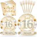 96Pcs Happy 16th Birthday Decorations Sweet Girl 16 Plates and Napkins Tableware Sets White and Gold Glitter Sixteen Birthday Decorations for Girls 16 Years Old Birthdays Party Supplies Serves 24