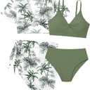 Girls Swimsuit 4 Piece Bathing Suits for Teens Tropical Print Twist Criss Cross Bikini Set with Kimono Cover Up Teen Swimsuits for Girls 12-14 Swimwear 13-14 Green Palm Tree
