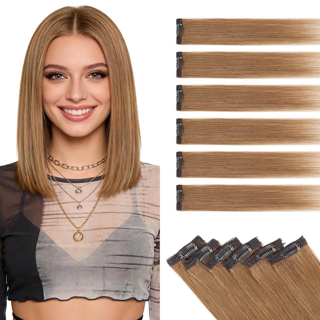 Benehair 6PCS 6 Clips In Human Hair Extensions Light Brown Short Straight Mini Clip Ins Real Remy Clip On Hairpin Hairpiece For Women 10inch 30g #06