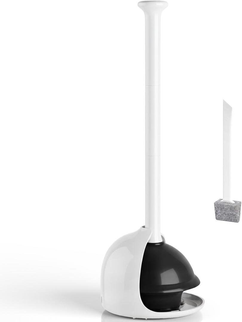 FORASTO Toilet Plunger with Holder, Heavy Duty Plunger and Holder Combo for Bathroom Cleaning, Bathroom Decor, Bathroom Accessories, Toilet Bowl Cleaners, 18.8-Inch White