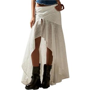 MakeMeChic Women's Ruffle Maxi Skirts Low Waist Asymmetrical Eyelet High Low Western Long Skirts, White XL