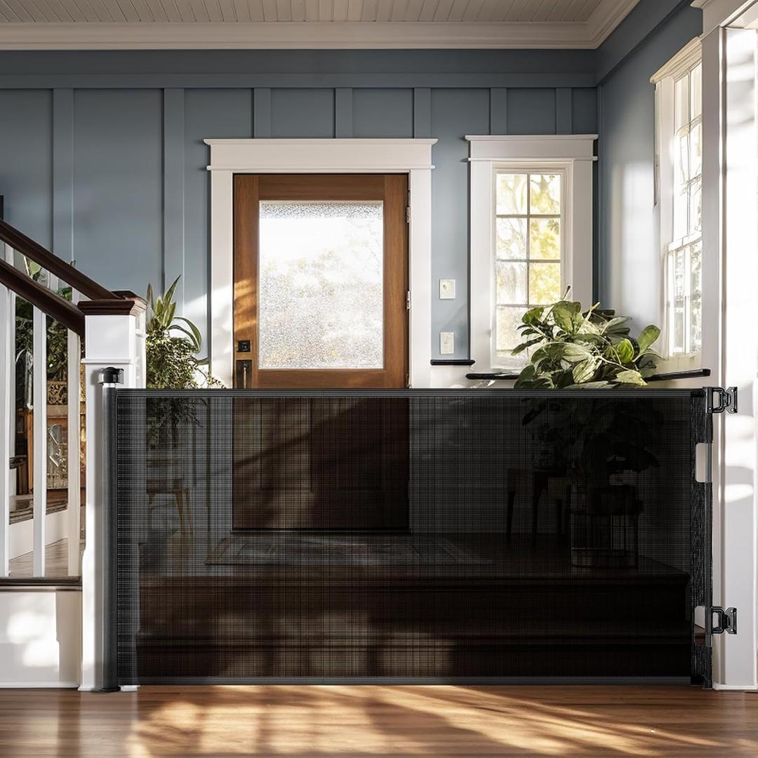 Cumbor Retractable Baby Gates - Wide Dog & Child Fence for The House, 33" Tall, Extends to 76", Extra Long Mesh Pet Safety Gate for Stairs, Doorways & Hallways, Porch, Indoor/Outdoor (Black) (76" Wide)