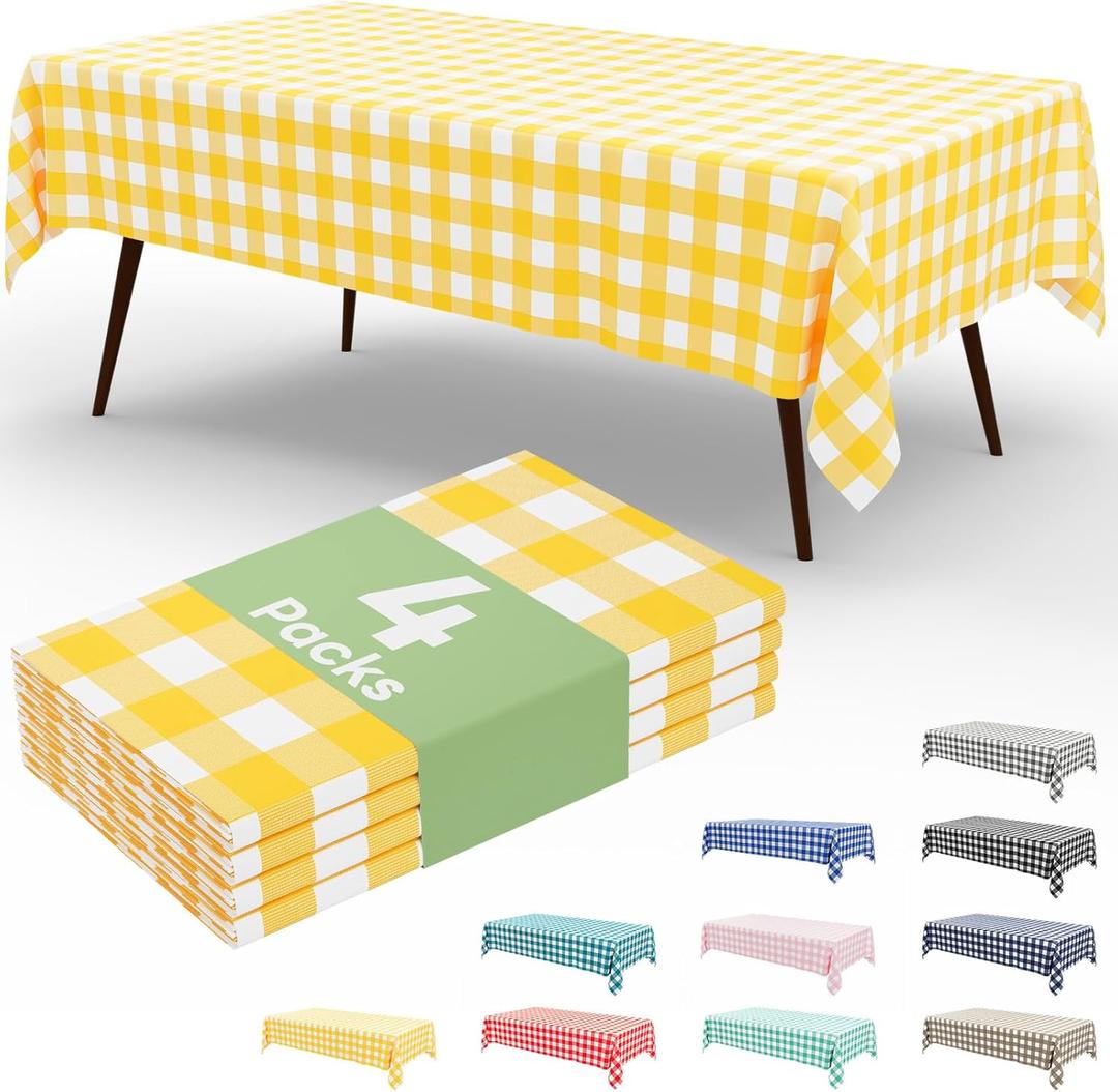 misaya 4 Packs Buffalo Disposable Table Cloth, 54 x 108 Inch Waterproof Plastic Tablecloth, Rectangle Yellow and White Checkered Table Covers for Picnic, Birthday, Party