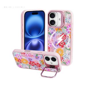J.west Magnetic for iPhone 16 Case Compatible with Magsafe,Garden Floral Metal Kickstand Shockproof Silicone Bumper Cute Floral Flowers Phone Case Cover Pink 6.1 Pack of 2