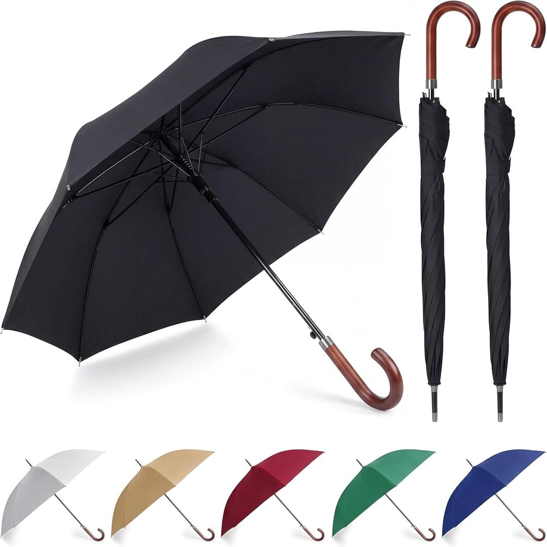 Silkfly 48" Auto Open Umbrella Large Wooden J Stick Handle Vintage Windproof Travel Wedding Fast Drying Umbrella, 2, Black