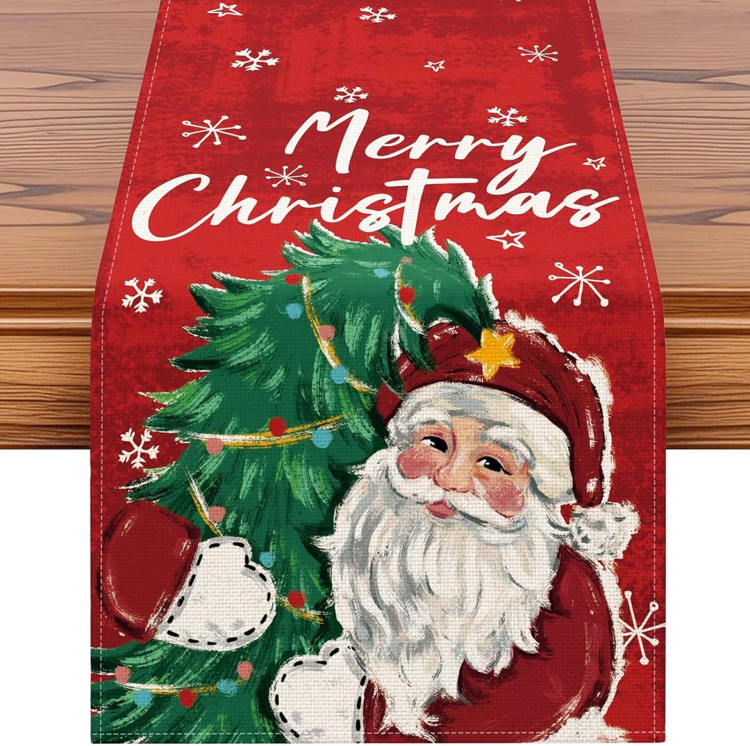 OTOSTAR Christmas Tree and Santa Claus Merry Christmas Table Runner, Xmas Seasonal Winter Holiday Kitchen Dining Table Decoration for Home Party Decor 13x108 Inch (Red) 2 Pack