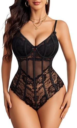Avidlove Bodysuit for Women Sexy Lace Top One Piece Lingerie V Neck Mesh Tops Going Out Cami Naughty Push Up Body Suit XL
