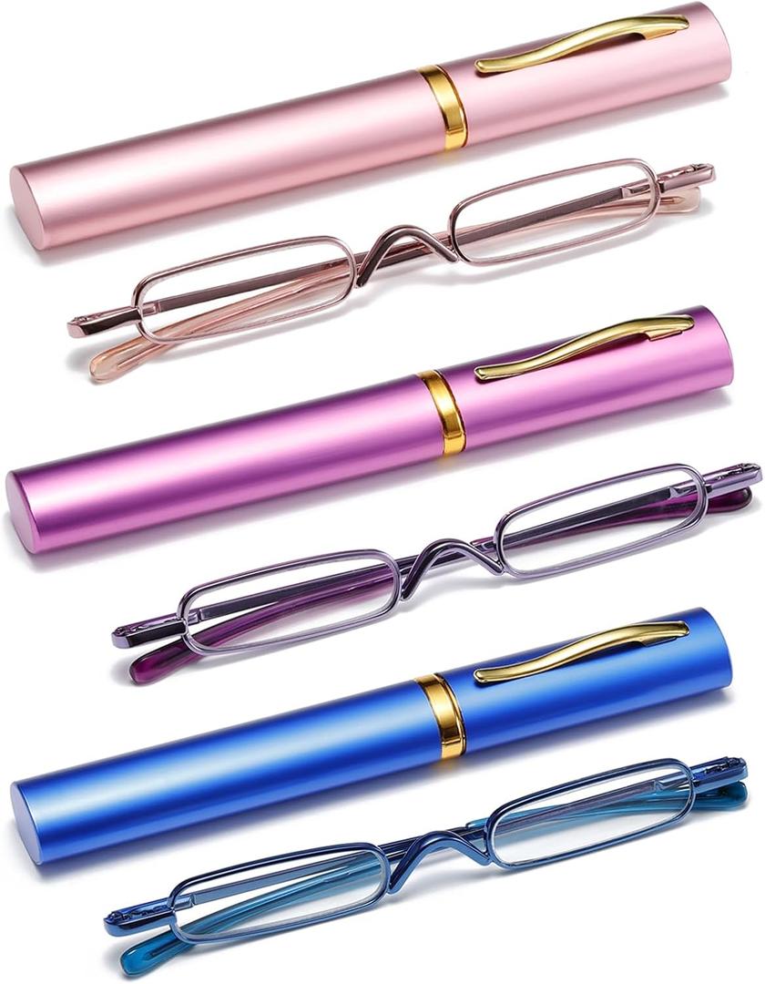 3 Pack Mini Slim Pen Reading Glasses - Compact Readers with Pen Clip Case Spring Hinge Metal Frame Eyeglasses (Pink, Purple, Blue, +2.25)