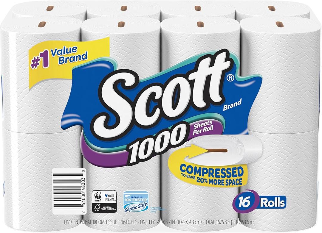 Scott 1000 Sheets Per Roll Toilet Paper, Bath Tissue, 16 Rolls 