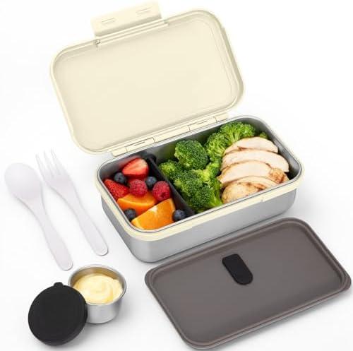 JSLOVE Stainless Steel Lunch Bento Box for Adult, 30oz Leak-Proof Lunch Container, Stainless Metal Kid Bento Box with Adjustable Divider, Sauce Container, Microwave, Dishwasher & Freezer Safe(Beige)