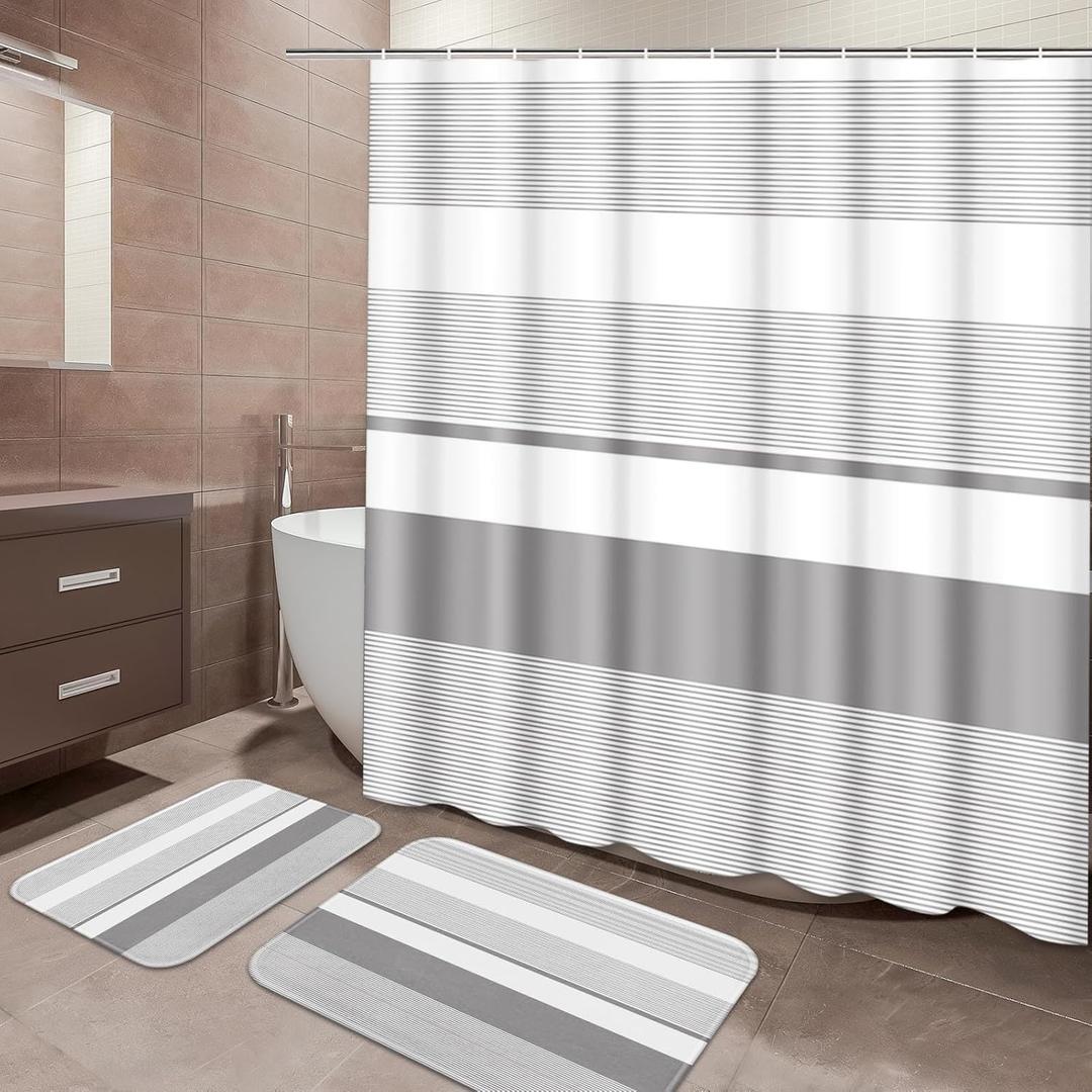 ArtSocket Grey Striped Bathroom Set with Shower Curtain and Bath Rugs and Accessories,Boho Modern Non-Slip Shower Curtain Set,Bathroom Decor 3 Pcs