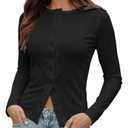 Women’s Ribbed Long Sleeve Tops Button Down Open Front Fall Going Out Button Up Slim Fit Casual Tops Black