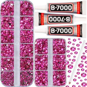 b-7000 Glue on 7500Pcs Hot Pink Rhinestones Flatback for Crafts Clothing Clothes Fabric Shoes Jerseys, Crystals Diamonds Gems Flat Back Rhinestone Kit Multi Sizes SS 6 to SS 20 (Small Pack + 3pcs Glue)