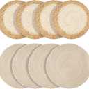 Handmade Round Boho Placemats Set of 4 | Natural Woven & Polyester Braided Combo Table Mats | 8-Piece Versatile Place Mats | Simple Rustic Farmhouse Style Dining Table Decor
