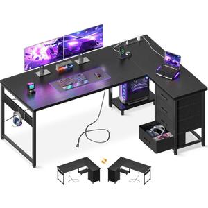 AODK L Shaped Gaming Desk with 4 Drawers, 61" Reversible Home Office Desks with Power Outlets, L Shaped Computer Desk with USB Charging Port and Host Stand, Corner Desk, Easy to Assemble, Black