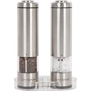Latent Epicure Electric Salt & Pepper Grinder Set – Battery Operated Stainless-Steel Mills & Shakers with Light, Adjustable Ceramic Grinders & Acrylic Rest Tray