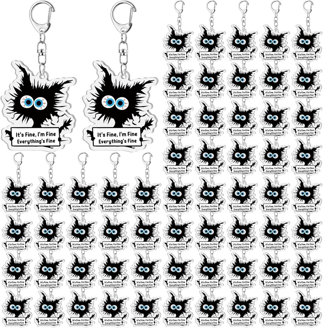 Ferreve 80 Pcs Funny Black Cat Keychains Employees Appreciation Gifts Bulk Its Fine Everythings Fine for Vet Cat Lovers Coworkers