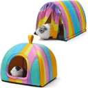 Guinea Pig Hideout Soft Large Bed Tunnel with Door Curtain 2 Pack Guinea Pig Toys Set Bunny Bed Cage Accessories for Small Animals (Rainbow)