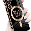 for Samsung Galaxy S24 5G Magnetic Case, Cute Butterfly Luxury Plating Edge Case for Women Girls Men Soft TPU Shockproof Full Camera Protective Cover for Samsung Galaxy S24-Black