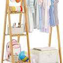 COOGOU Small Clothes Racks,Kids Clothes Hanging Rack, Bamboo Wood Clothing Garment Rack with Shelves, Free Standing Corner Dress Costume Rack for Small Place,Bedroom,Bathroom, Portable