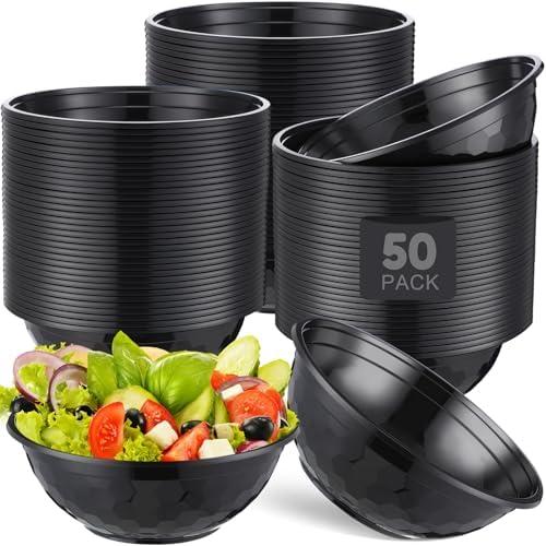Newtay 50 Pack 32oz Black Disposable Plastic Bowls Plastic Salad Bowls Large Stackable Serving Soup Dinnerware for Birthdays, Weddings, Parties, Festivals