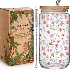 Wildflower Floral 16oz Glass Drinking Cup with Bamboo Lid Christian Gifts for Women Mother, Cute Flower Drinking Glass Gifts for Bestie Mother Birthday Bridesmaid Party