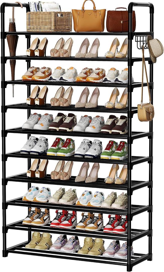 Shoe Rack, 10 Tier Shoe Storage Organizer with Hooks,Fit 40-45 Pairs Shoes,Metal Tall Shoe Shelf for Closet,Entryway, Hallway,Garage,Bedroom,Cloakroom