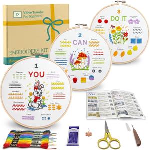 Bradove Embroidery Kit for Beginners, Learn to Embroider Top 29 Stitches and Cute Patterns with Video Tutorial and Instruction Booklet, Beginner Embroidery Kit for Adults Kids