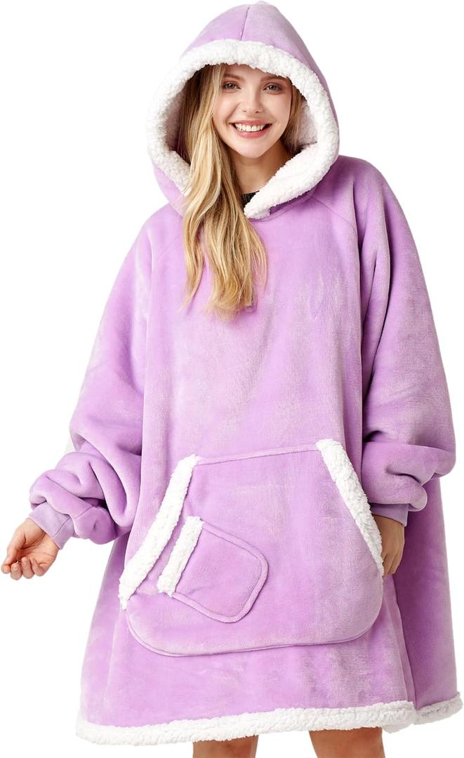 Giggling Getup Wearable Blanket Hoodie for Women Men Gifts for Women Mom Wife Sherpa Fleece Hooded Blanket Sweatshirt Warm Cozy Sherpa Wearable Throw with Pocket & Sleeves for Adult Standard Violet 