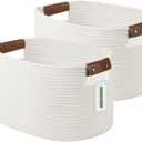 Cotton Rope Basket, Storage Baskets with Handle, 15x10x9 Inch Woven Basket for Shelves, Laundry, Towels, Clothes, Books (White 2Pack)