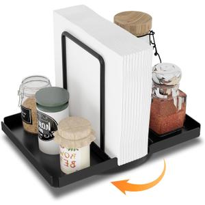 Napkin Holder for Table, 360 Rotating Metal Napkin Holder with Salt and Pepper Shakers Caddy, Standing Paper Napkin Storage for Kitchen Dining Table Decor, Black