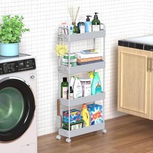 SOLEJAZZ Slim Rolling Storage Cart with Wheels 4 Tier Skinny Bathroom Storage Organizer Narrow Shelf Unit Thin Laundry Room Utility Cart for Bedside Kitchen Office Next to Fridge Small Places, Gray (Grey)