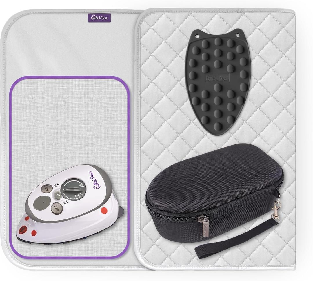 The Quilted Bear Mini Iron, Rest & Ironing Mat - Lightweight Mini Steam Iron with Hard Shell Travel Case, Heat Resistant Silicone Rest & Travel Ironing Mat (Black)