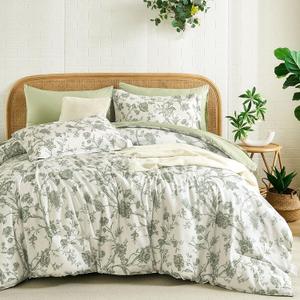 Luxudecor Floral King Comforter Set 7 Pieces Bed in a Bag, Sage Green Flower with Bird Bedding Set, Soft Reversible Comforter with Sheet Set 104"x90"