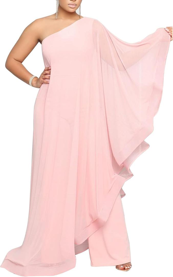 Sexy Jumpsuits for Women One Shoulder Ruffle Patchwork Elastic Wide Leg Long Pants Elegant Jumpsuit Rompers (3X-Large, Pink)