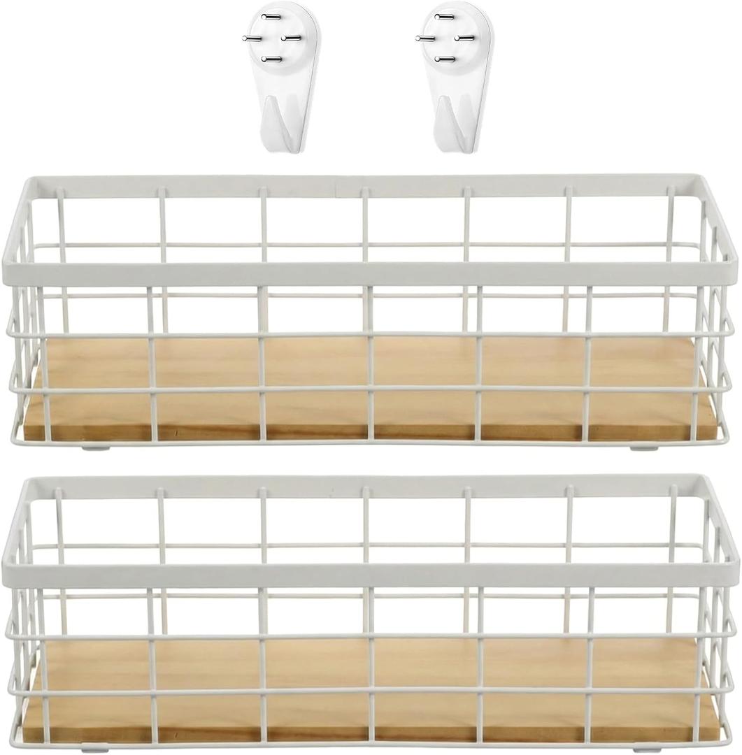 Set of 2 Small Wire Baskets, Narrow White Metal Storage Bins for Bathroom Counter & Kitchen, Farmhouse Rustic Organizer Trays for Pantry, Office, RV, Countertop Decoration (White)