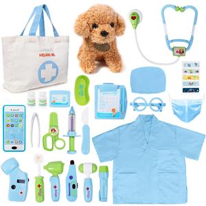Meland Toy Doctor Kit for Kids - Pretend Play Doctor Set with Dog Toy, Carrying Bag, Stethoscope Toy & Dress Up Costume - Doctor Play Gift for Kids Toddlers Ages 3 4 5 6 Year Old for Role Play