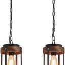 2 Pack Rustic Farmhouse Wood Pendant Light Fixture One-Light Adjustable Chain Oak Wood and Metal Drum Cage Small Pendant Lighting for Kitchen Island Sink Hallway Farmhouse Bathroom Bar, Black