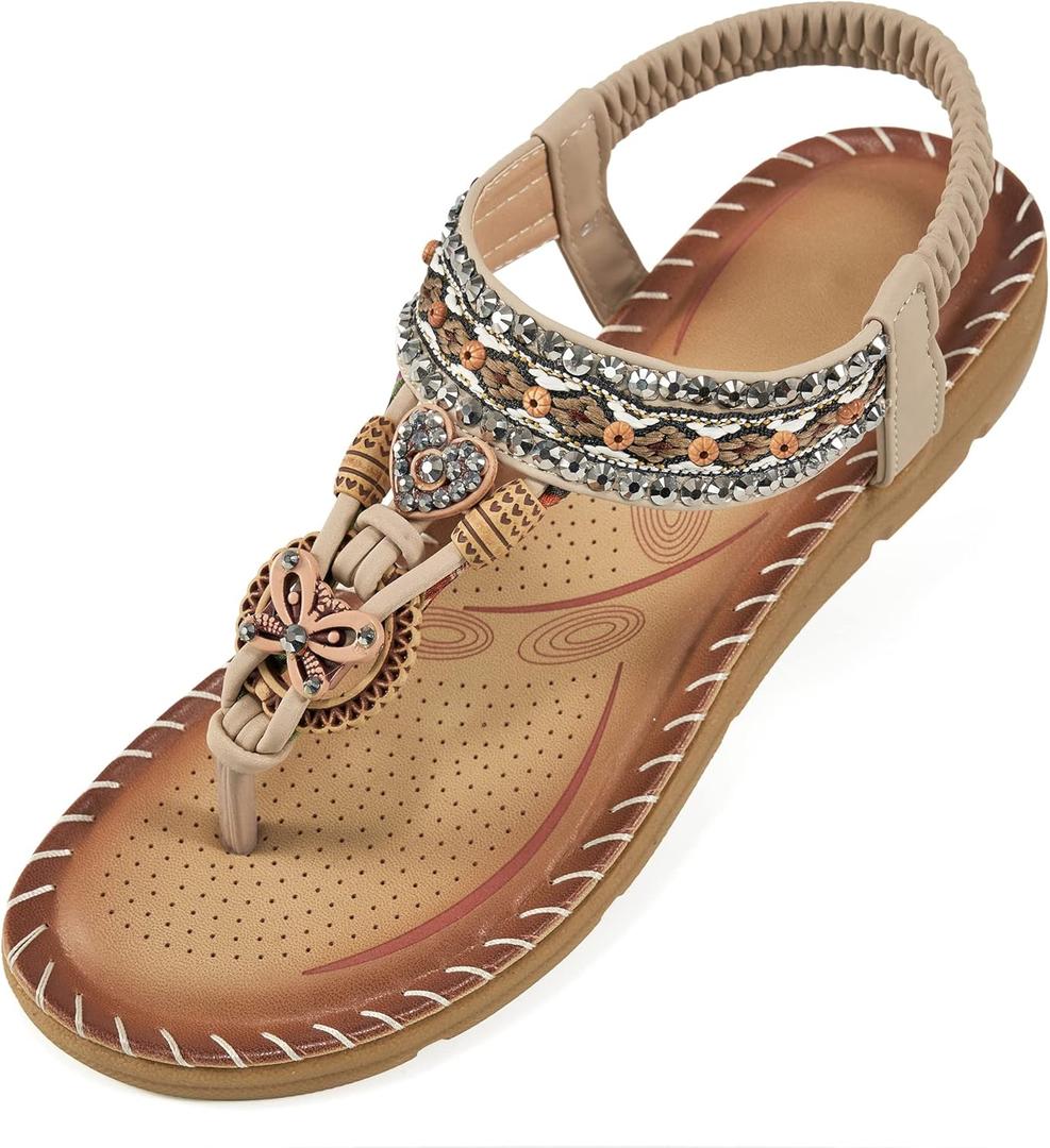 Aomigoct Sandals Women Flat Shoes: Dressy Summer Bohemian Flats Shoes for Women Sandals Comfortable Ankle Strap Outdoor Walking (8-8.5, Beige)