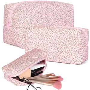 Aintmax 3 PCS Quilted Makeup Bag,Cute Floral Cotton Coquette Cosmetic Bag,Large Travel Toiletry Bag Makeup Brushes Storage Organizer for Women-Pink Floral, 2 Pack