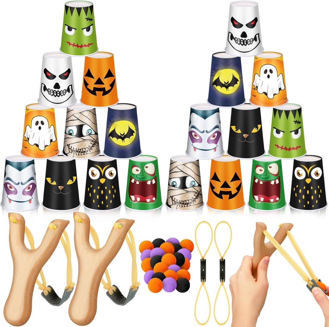 Leitee Halloween Games for Kids Adults Halloween Toss Games Carnival Party Game 24 Stacking Cups 2 Wooden Slingshot 2 Spare Slingshot Rubber Band 20 Felt Fake Balls for Family School Trick or Treat