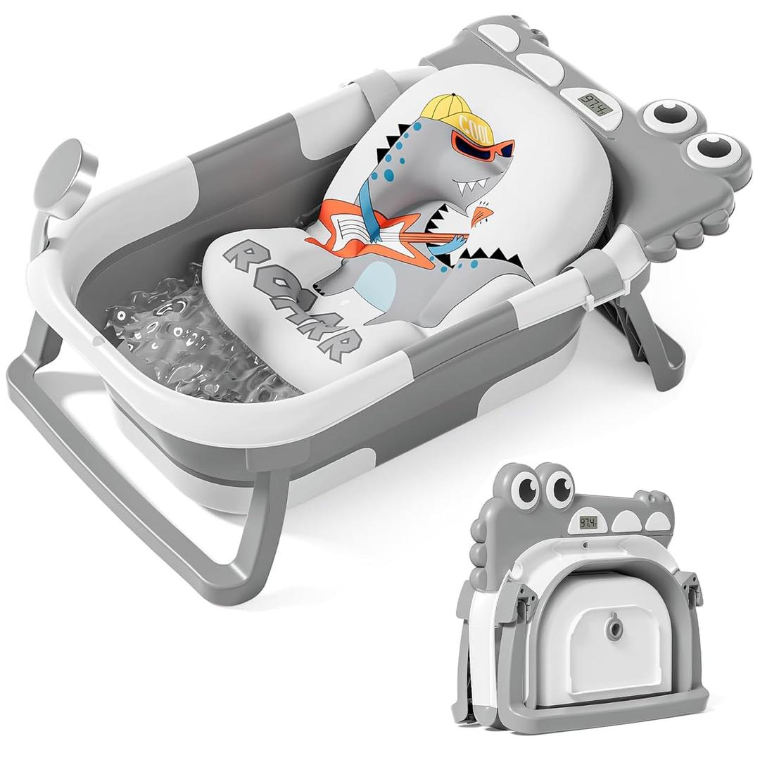 TPN Collapsible Baby Bathtub, Baby Bath Tub with Soft Cushion & Real-Time Thermometer, Baby Bathtub Infant to Toddler Tub (0-36 Months), Portable Newborn Travel Bath tub (Grey)