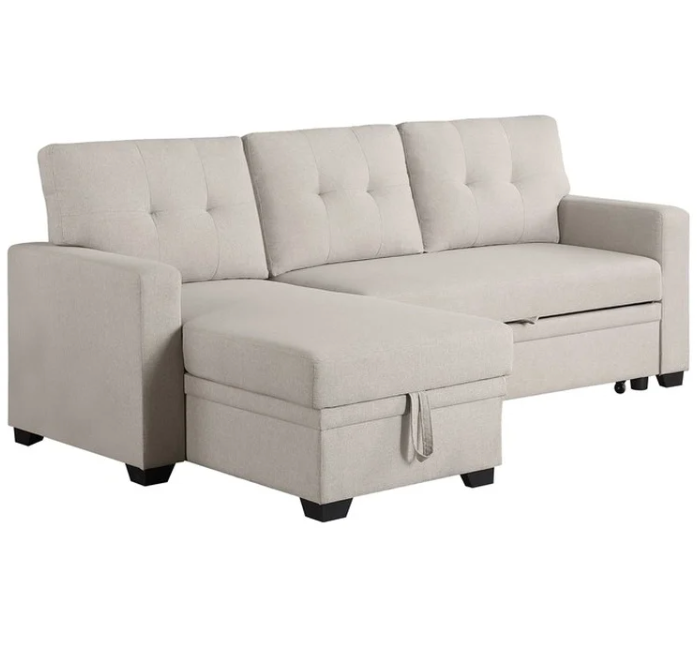 Devion Furniture L-Shaped Polyester Fabric Reversible, Easy Convertible Pull-Out Sleeper Sectional Sofa/Storage Chaise with Tufted Back Cushions and Track Arms in Beige
