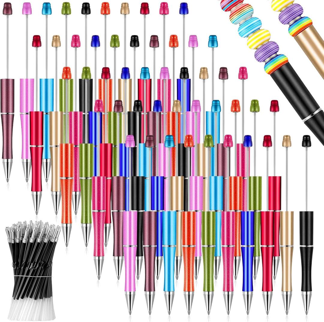 Crtiin 50 Pieces Plastic Beadable Pen Bulk Bead Ballpoint Shaft Black Ink Beaded Pens with 50 Refills for DIY Making Gift Kids Students Office School Supplies(Bright Color)