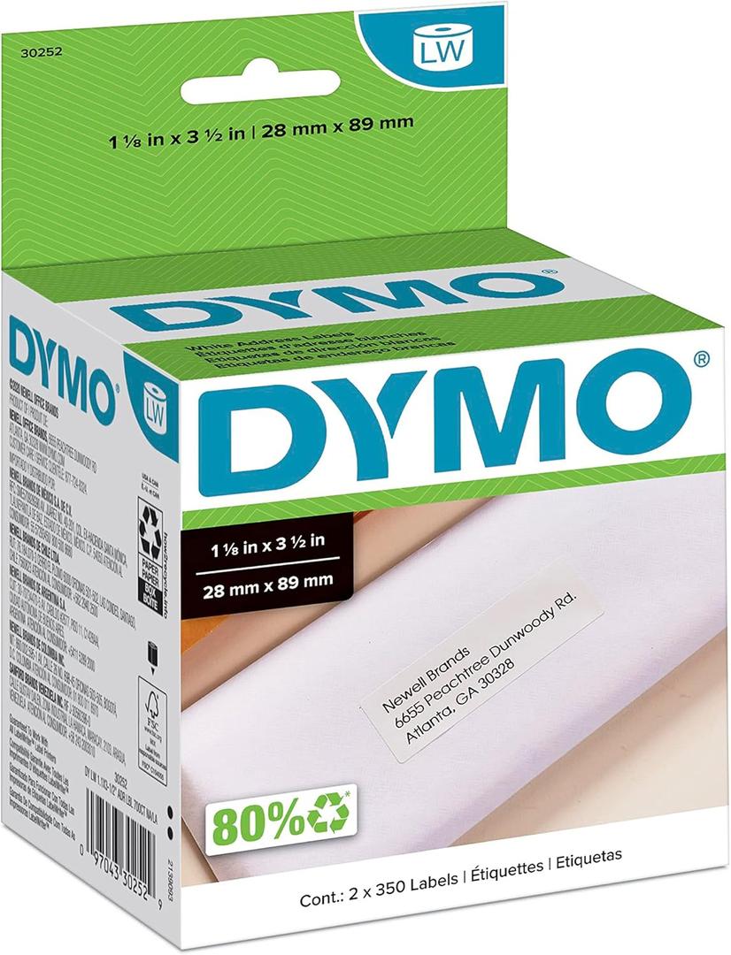 DYMO Authentic LW White Mailing Address Labels DYMO Labels for LabelWriter Label Printers 1-1/8" x 3-1/2" 2 Rolls of 350 (700 Total)